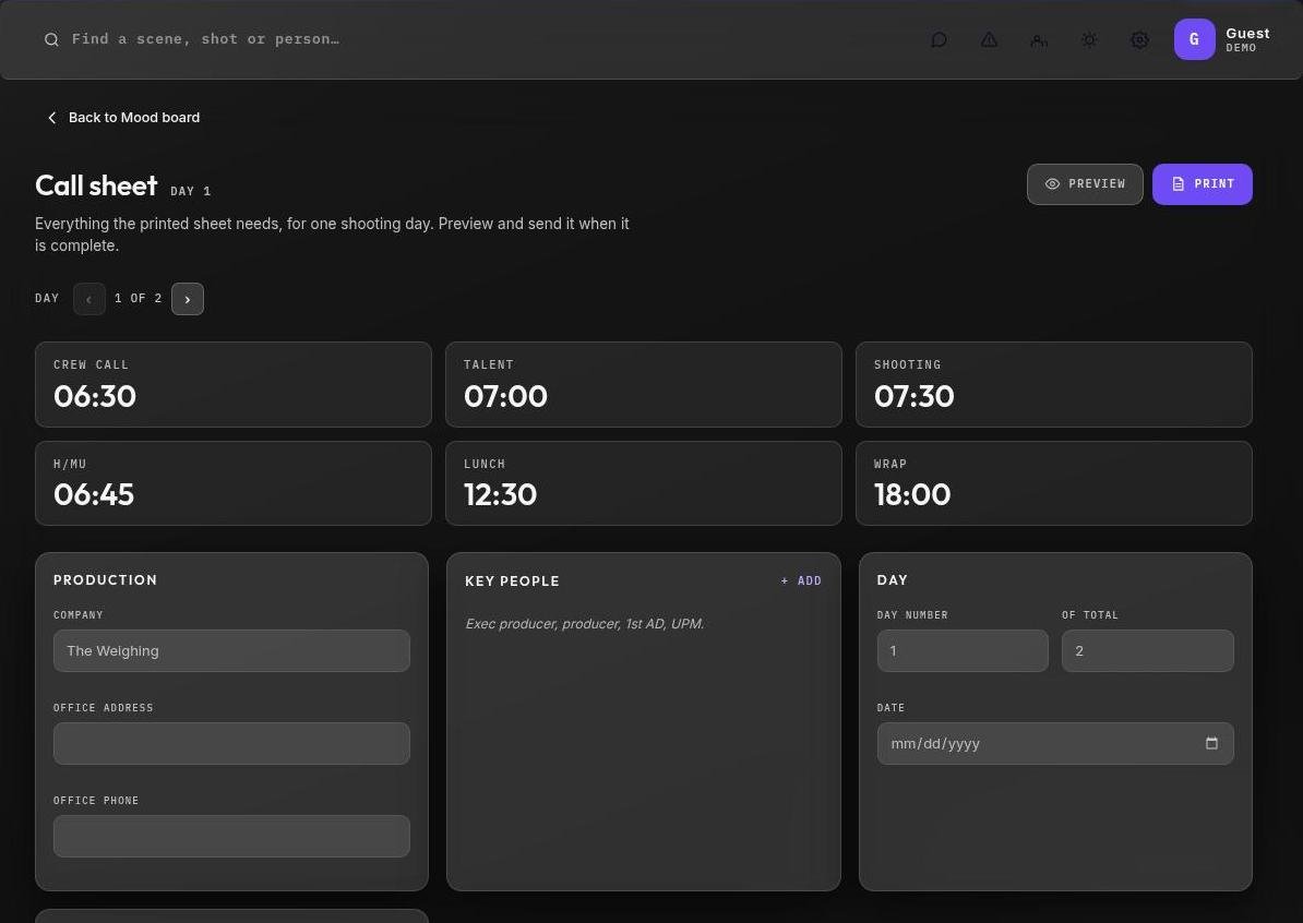 The call sheet builder with the six times and production panels