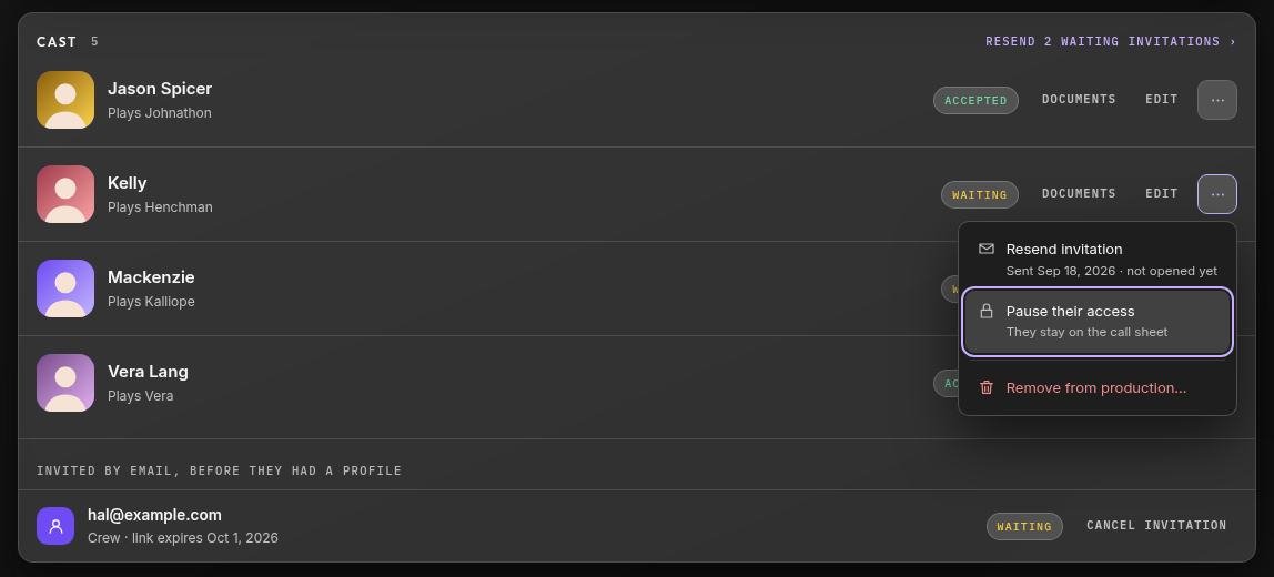 The actions menu open on a waiting cast member
