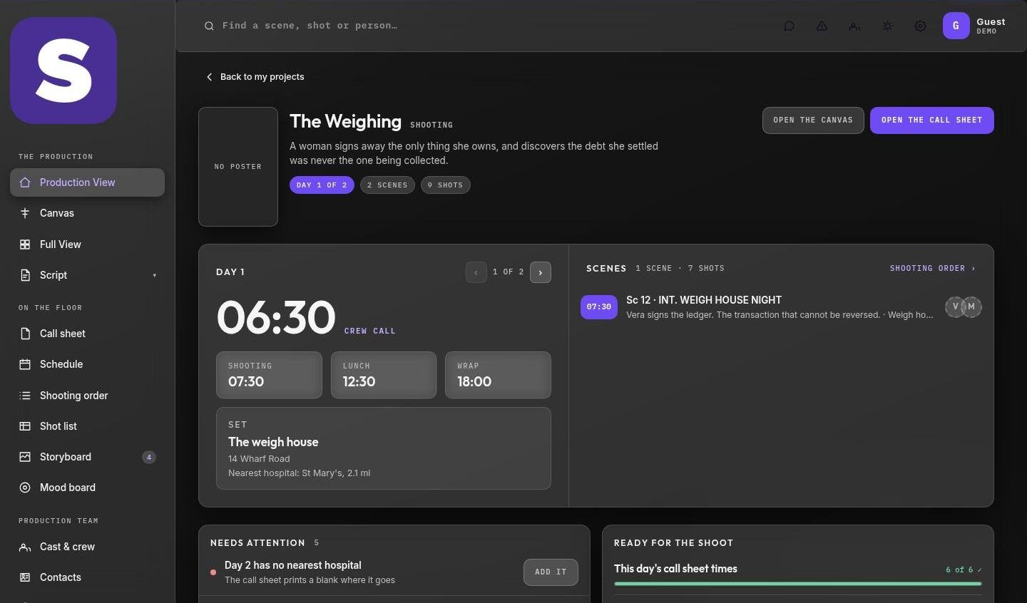 The sidebar, top bar and Production View of the sample film