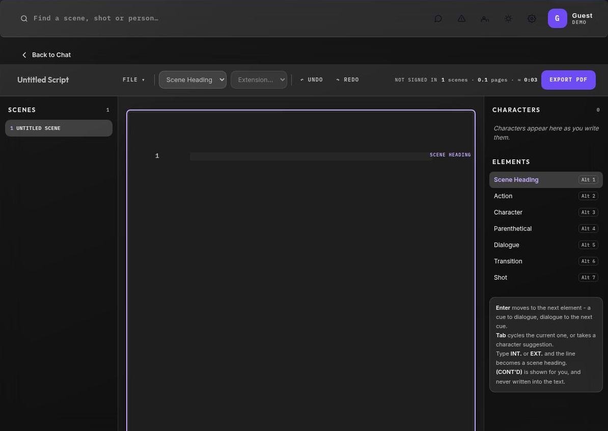 The script editor with scenes, page and elements