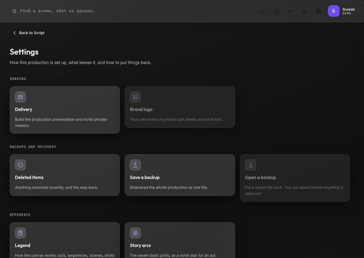 Settings grouped into Sharing, Backups and recovery, and Reference